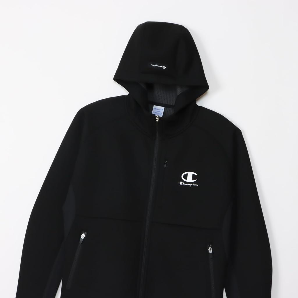 Парка с длинным рукавом, водоотталкивающая, One Point Logo 3LS, молния, капюшон, толстовка, гольф, черный [Champion] WRAP-AIR Techweave(р) Мужской C3-ZG102