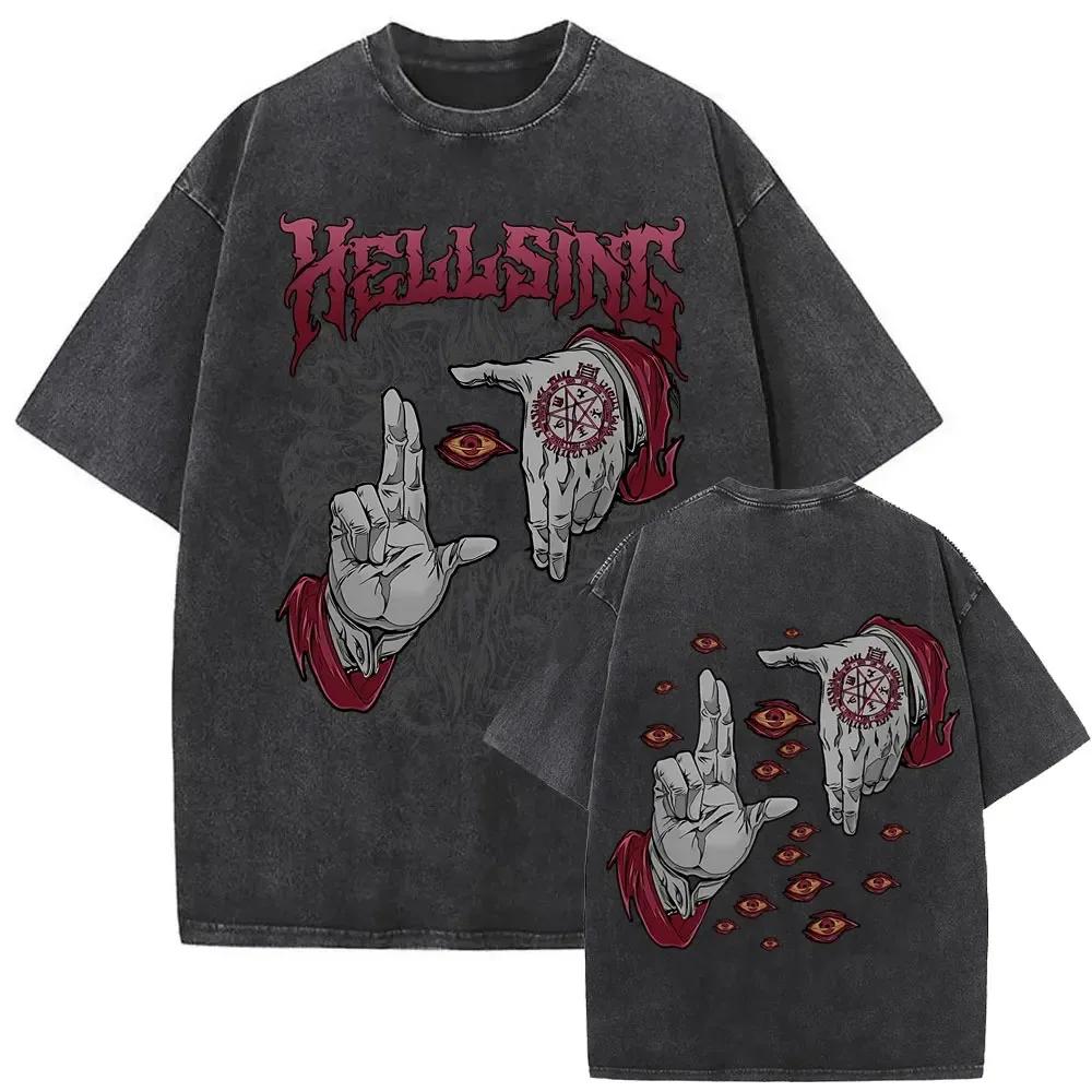 Washed Vintage Anime Hellsing Ultimate T-shirt Men's Clothing Manga Alucard Eyes T Shirt Male Oversized Streetwear Best Selling