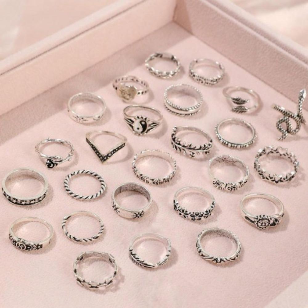 European and American 25-piece Ring Set, Snake Elephant Dripping Oil Gossip Love Leaves Small Flowers Geometric Joint Ring Female
