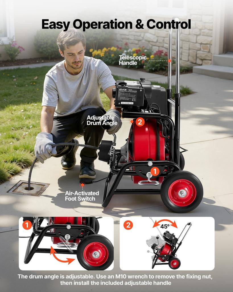 Drain Cleaner Machine 30m x 12.7mm, Auto Feed Sewer Snake Auger, Portable Drain Cleaning Machine with Climbing Wheels, Adjustable Drum, 8 Cutters &