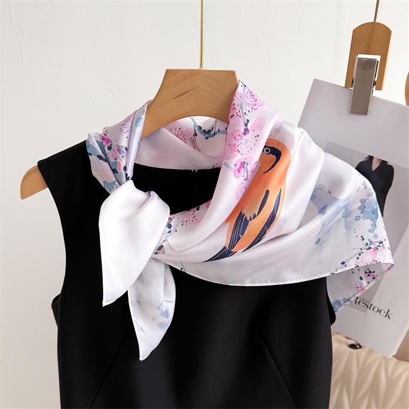 Flowers Birds Print Shawl Square Scarf for Women Satin Fashion Wraps Neckerchief Female Hair Bands Ribbon Headband Bandana