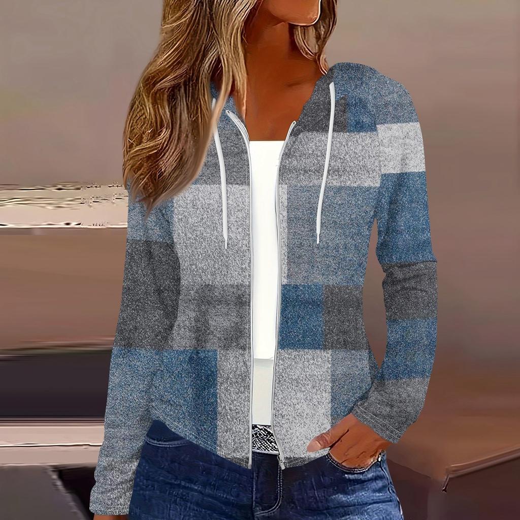 Women's Fashion Casual Zip Up Hooded Print Long Sleeve Sweatshirts Coat