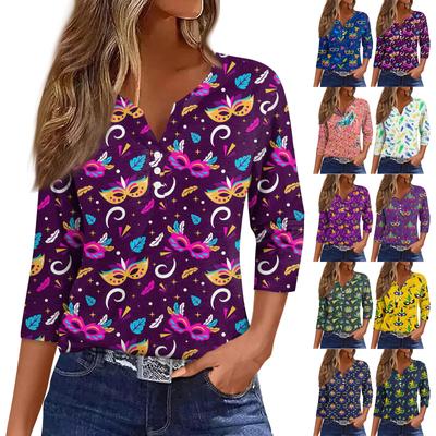 Женская футболка с принтом карнавальной маски и V-образным вырезом, повседневная, с рукавами 3/4, на пуговицах