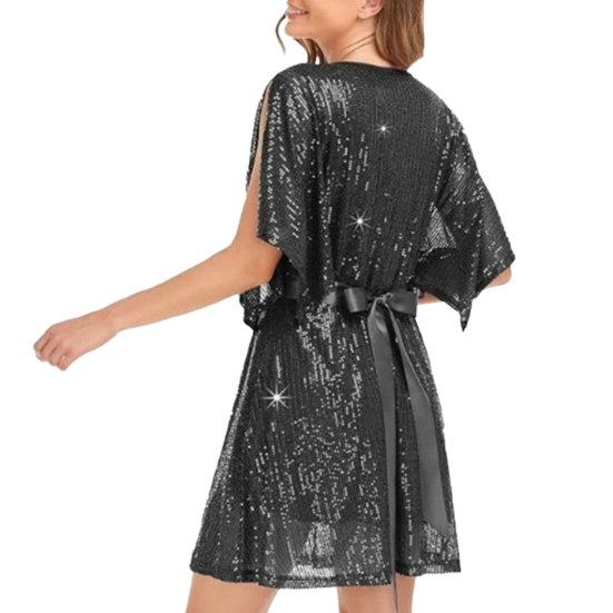 Women Prom Dress Half Split Bat Sleeve Round Neck Loose Shiny Sequin Double-layered Belted Tight High Waist Soft Club Party Lady Mini Dress