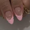 24PCS Pink Almond Press On Nails, 3D Carved Flower & Ripple French Fake Nails with Gold Pearls