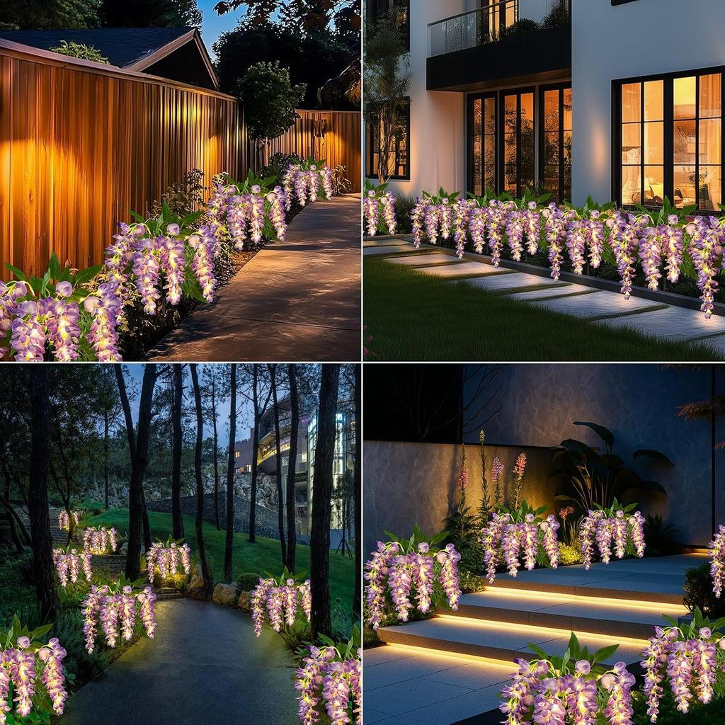 [New for 2025] Solar Garden Lights, Purple Wisteria Flowers, Set of 2, Warm White, Stylish Outdoor Gardening Lights, IP65 Waterproof, Built-in Solar