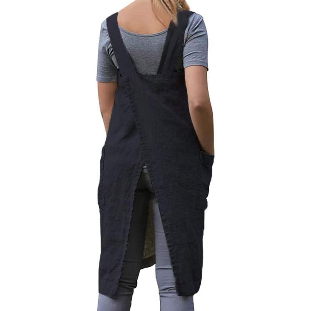 Льняной женский фартук с перекрестной спинкой и 2 карманами для выпечки, кулинарии и садоводства