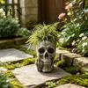 Industrial Style Decor Skull Planter with Middle?Finger Gesture, Resin Succulent Pot, Gothic Skeleton Head Hand Gesture Flower Pot Unique