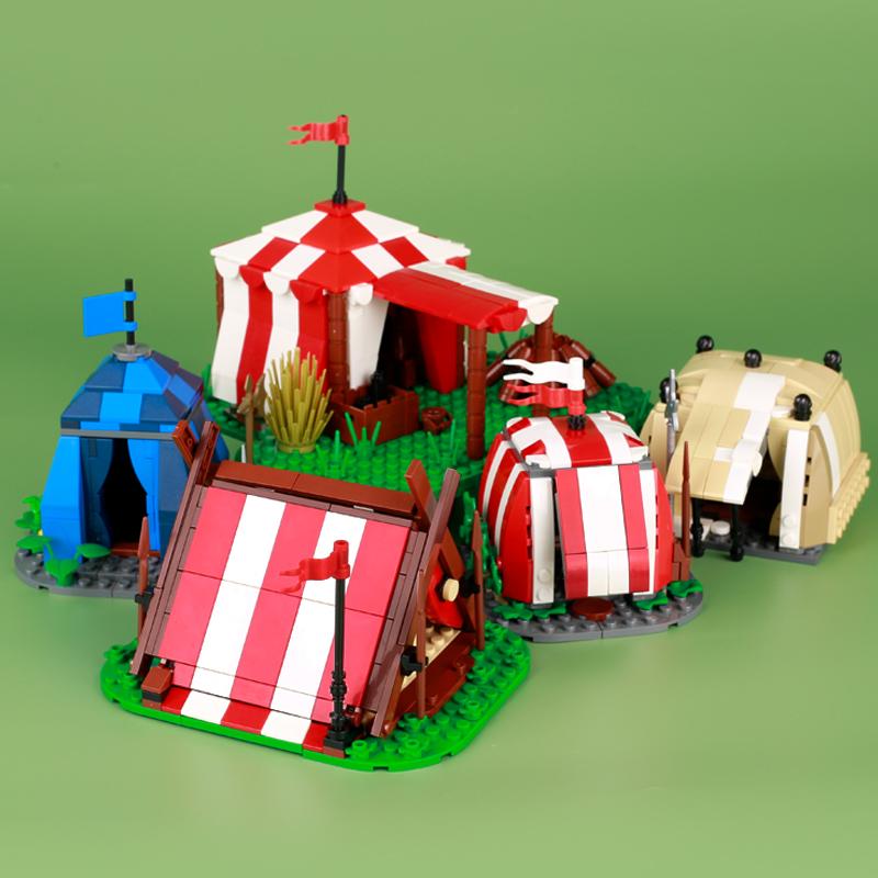 MOC Средневековые военные строительные блоки солдаты фигурки аксессуары костер палатка транспорт повозка боевой конь оружие кирпичи игрушка