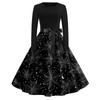 Women's Casual Long Sleeve Round Neck Dress Vintage Style Halloween Print Skater Dress with Waist Tie Belt Retro Swing Midi Dress