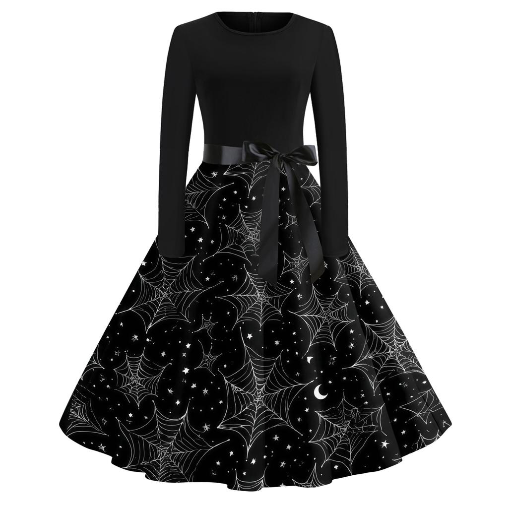 Women's Casual Long Sleeve Round Neck Dress Vintage Style Halloween Print Skater Dress with Waist Tie Belt Retro Swing Midi Dress