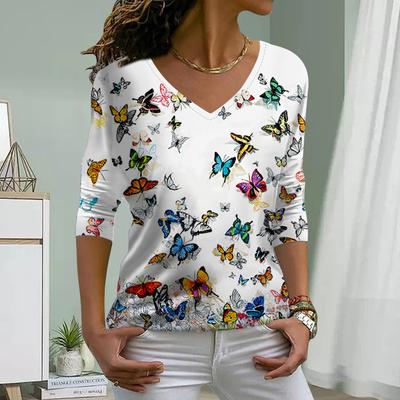 Женские футболки с принтом листьев и бабочек, женские топы, длинные рукава, V-образный вырез, пуловер, женские футболки, футболка для женщин