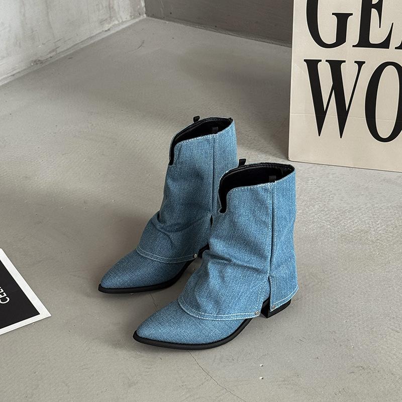 Весенне-летние ретро повседневные остроносые темпераментные ботильоны на толстом каблуке осенне-зимние однотонные женские ковбойские джинсовые короткие ботинки