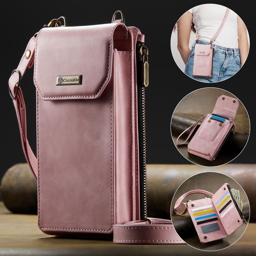 Multi-function Cellphone PU Leather 9 Card Slots Wallet Case with 2 Ropes for iPhone Samsung Xiaomi Anti-theft Brush Universal Size Zipper Bag