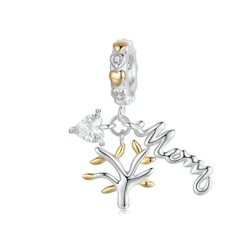 WOSTU 925 Sterling Silver Mother's Day Gold Charm Heart Wing Pendant Cross Tree Stopper Beads Fit Original Bracelet Guard Gift