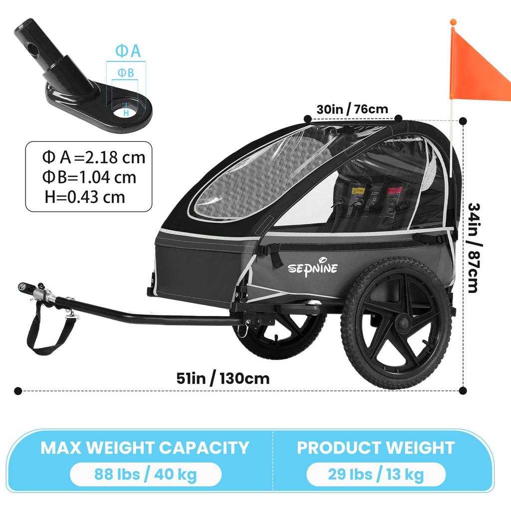 Sepnine BT609 red/blue/black/yellow foldable bicycle trailer, equipped with a 5-point safety belt and a storage bag, suitable for convenient travel