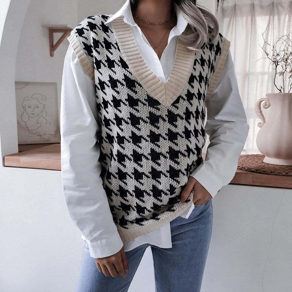 College Style Casual Loose Knit Vest Fashion Women's Houndstooth V-neck Sweater