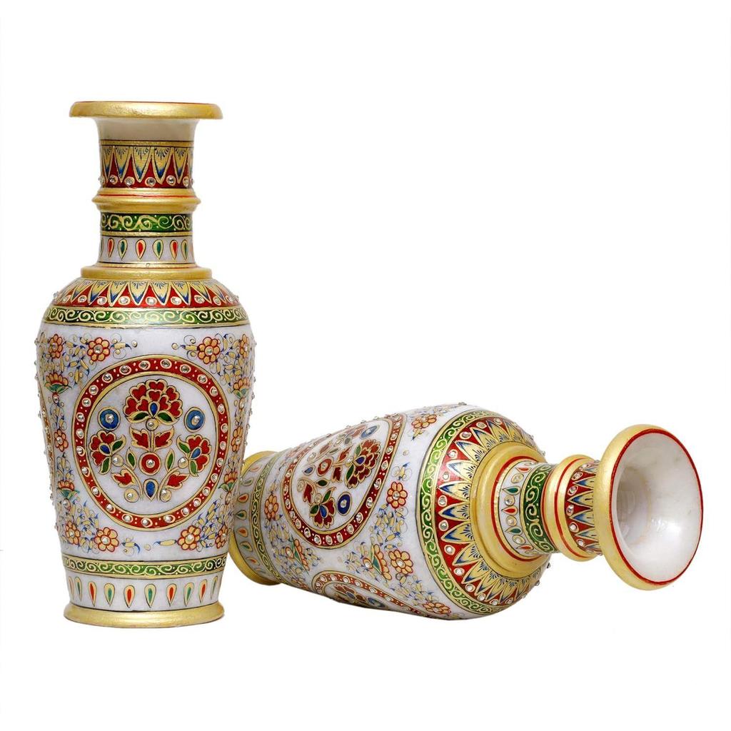 Designer Decorative Marble Flower Vase | Round Shape Beautiful Rajasthani Meenakari Handpainted Work Showpiece Vases