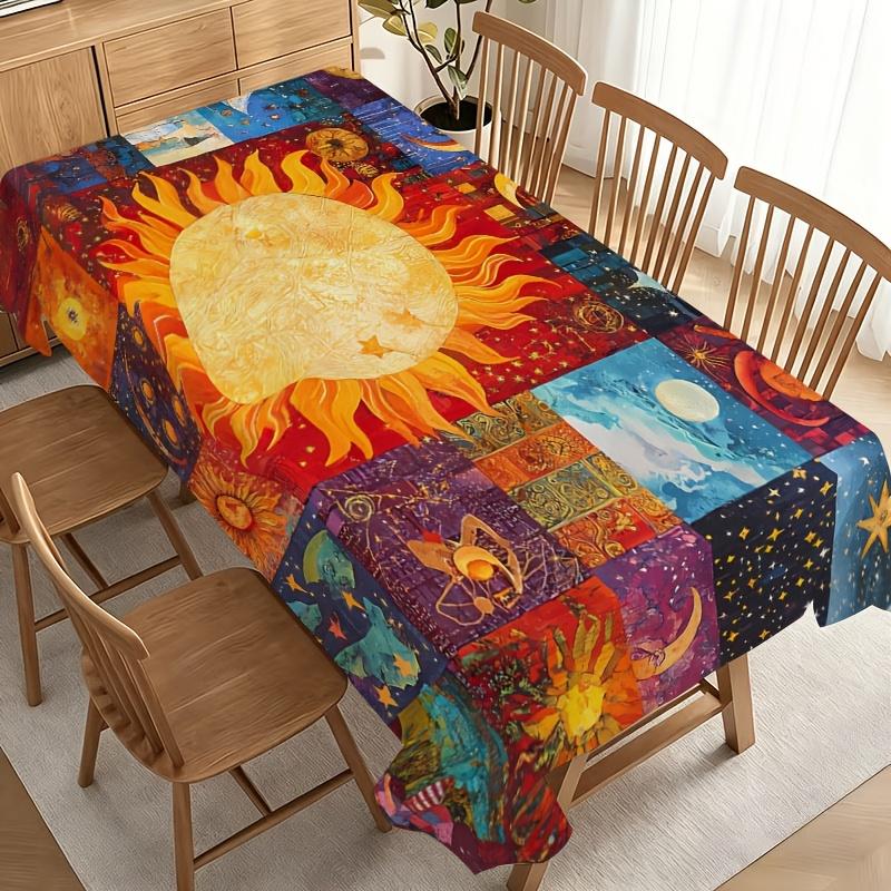 Party Tablecloth/Tablecover "Cosmic Celestial Tablecloth with Golden Sunburst, Moon Phases, And Star Clusters, Durable Polyester, No Electricity Neede