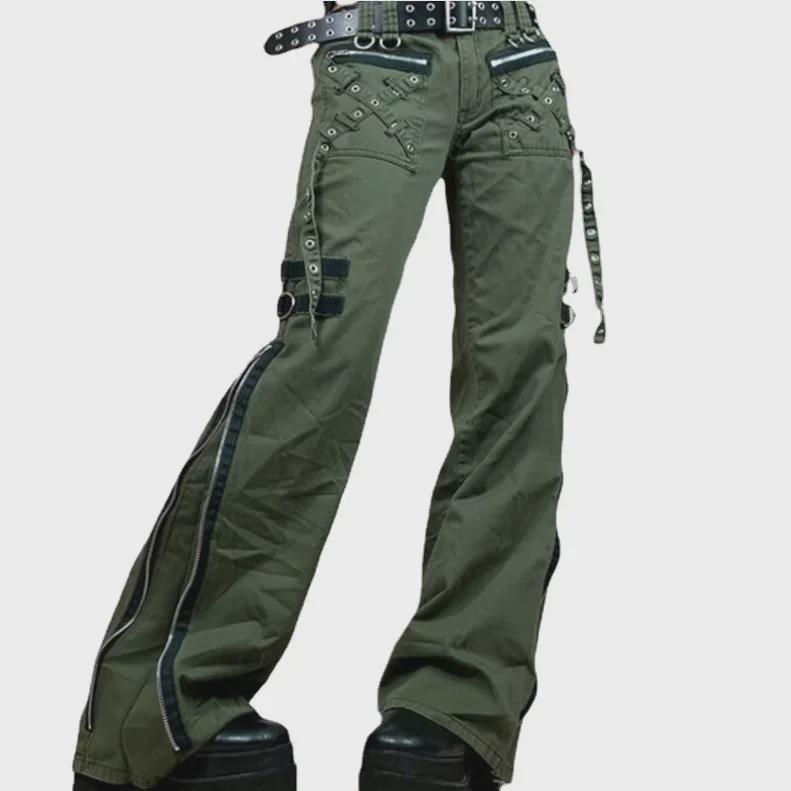 Новые расклешенные брюки в стиле панк с заниженной талией и разрезами на молнии для женщин