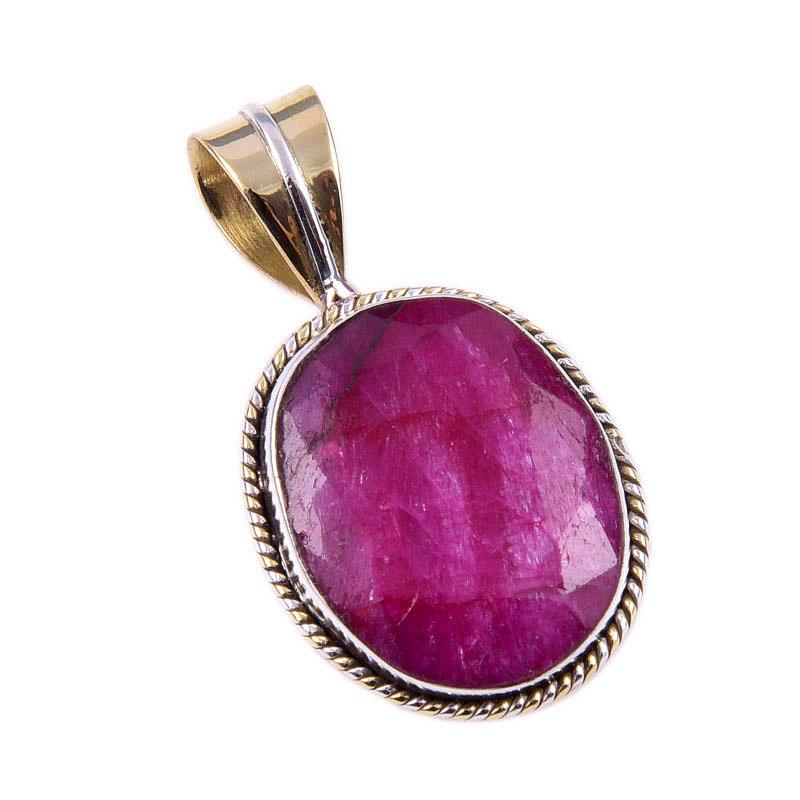 Red Ruby(Simulated) Handmade 925 Sterling Silver Two Tone Pendant 1.25" r6A66