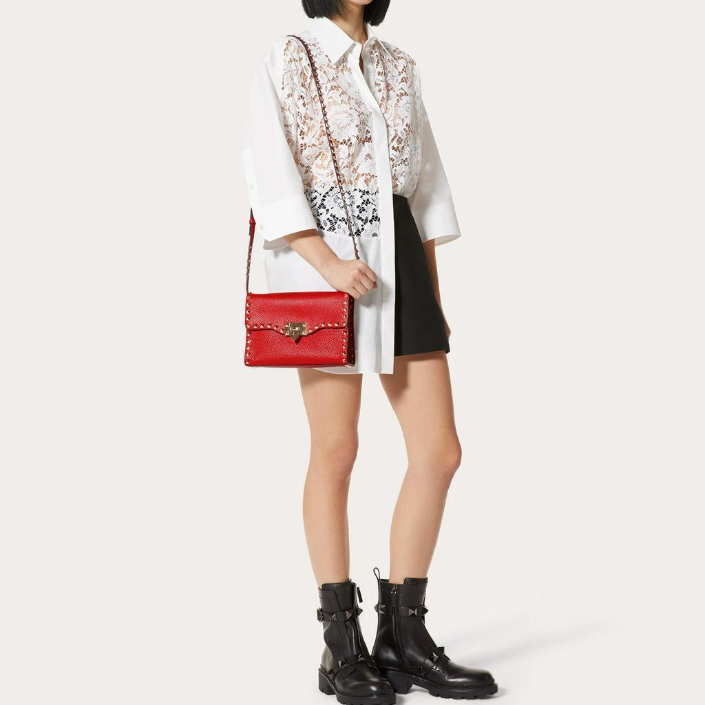 Valentino Rockstud Studded Edge Hook Closure Calfskin Messenger Bag Women Shoulder Bag Red VW2B0181VSFJU5