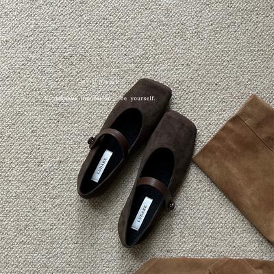 Туфли Мэри Джейн с квадратной головкой, женская обувь 2025 года, осень-зима, новые замшевые туфли с одним словом в стиле ретро, бархатные одинарные туфли