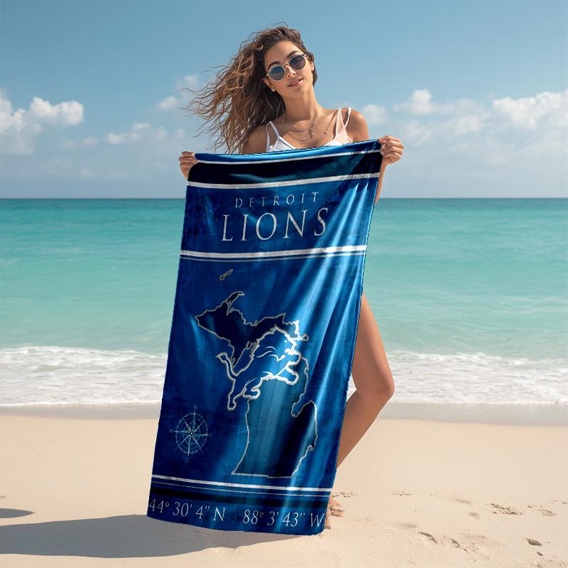 proof beach towel with Detroit Lions logo pattern - soft,absorbent,quick-drying,machine washable - perfect for swimming,camping,bathing