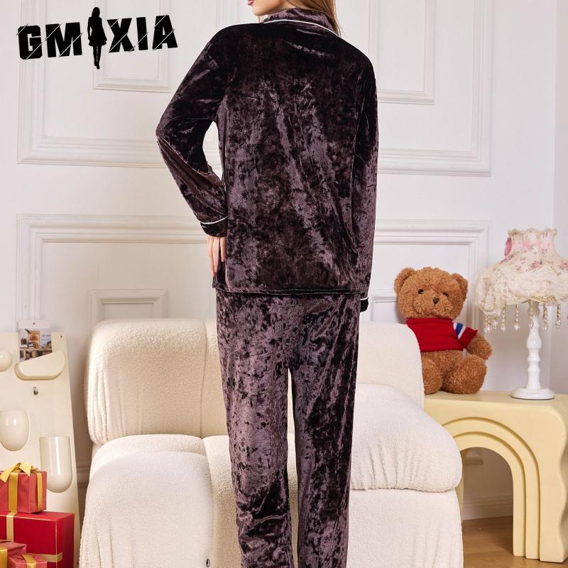 GMXIA Autumn and Winter Women's Gold Diamond Velvet Pyjamas Long-sleeved Trousers Two-piece Warm Thickened Velvet Homewear Set