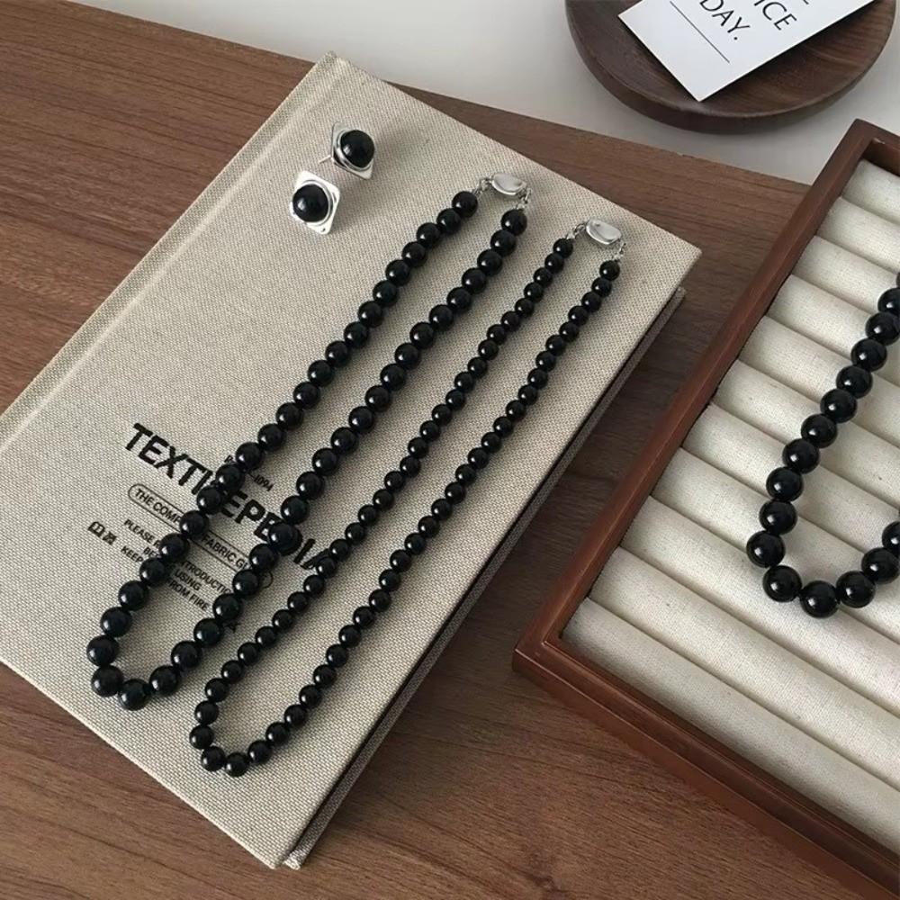 Copper Gold Black Agate Necklace Silver Plated Coin Buckle Chokers Imitation Pearl Necklace  Women