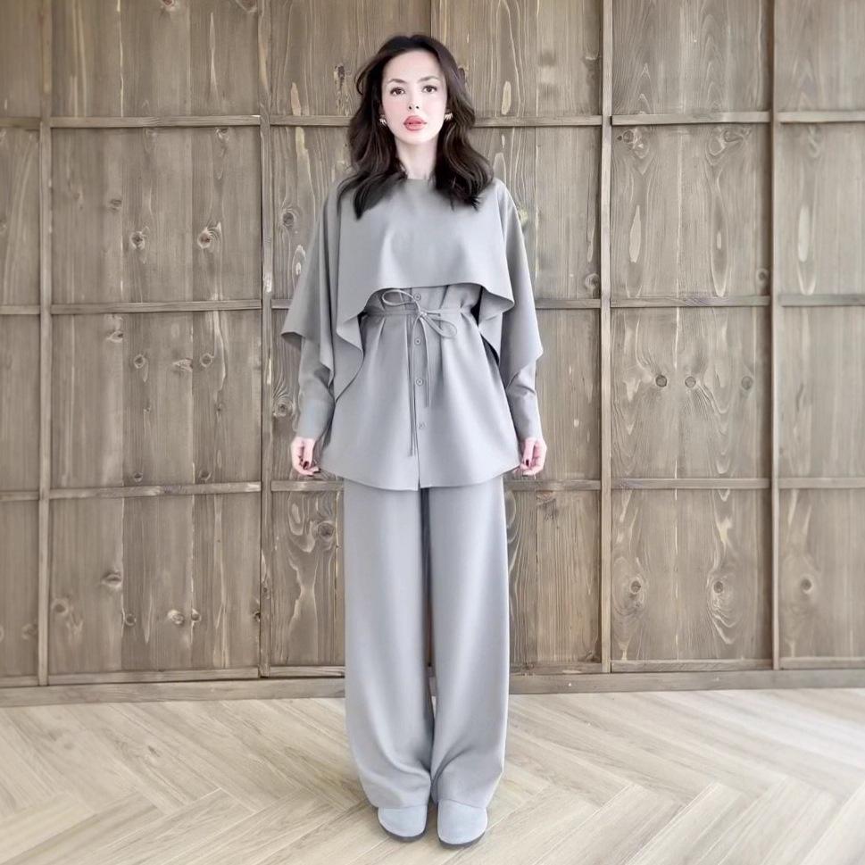 2025 Осень Европейский и Американский Женский Комплект Топ с Длинным Рукавом, Шаль и Брюки с Завязкой на Талии