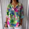 Spring Autumn Button Blouse V-neck Casual Printed Top Shirt for Women