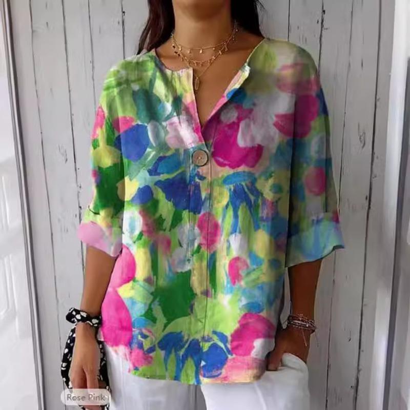 Spring Autumn Button Blouse V-neck Casual Printed Top Shirt for Women