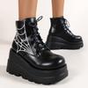 Women Punk Boots PU Leather Spider Web Design Shoes Cool Retro Chunky Wedges Platform Boots Lace Up Casual Outdoor Shoes 35-43