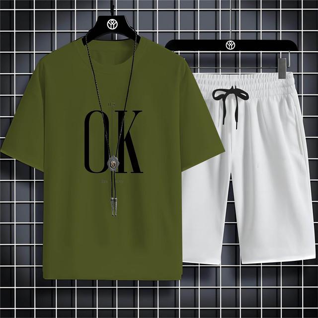 Four Seasons New Outdoor Sports Style 2d Letter Ok Printed Men'S O-Collar Comfortable Breathable Casual T-Shirt Set Quick Drying