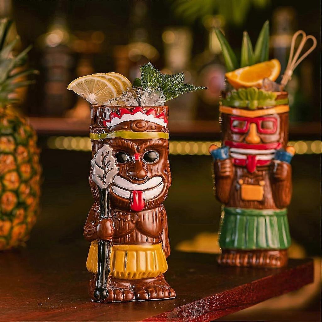 4 Set Exotic Cocktail Tiki Mugs for Tropical Party Bar, Colorful Ceramic Drinkware, 16 oz Capacity, Durable Design