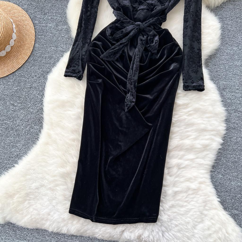 Винтажное платье с V-образным вырезом, элегантными длинными рукавами, шикарным флокированным принтом, вставками из бархата, облегающее, бандажное, вечернее, для улицы, зимняя одежда