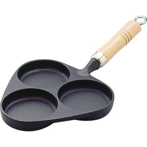 Iwachu Fried Egg Grill (3-piece set, with wooden handle), Black Finish, 9.5cm hole diameter, IH compatible, Nambu Ironware, 24018 Black