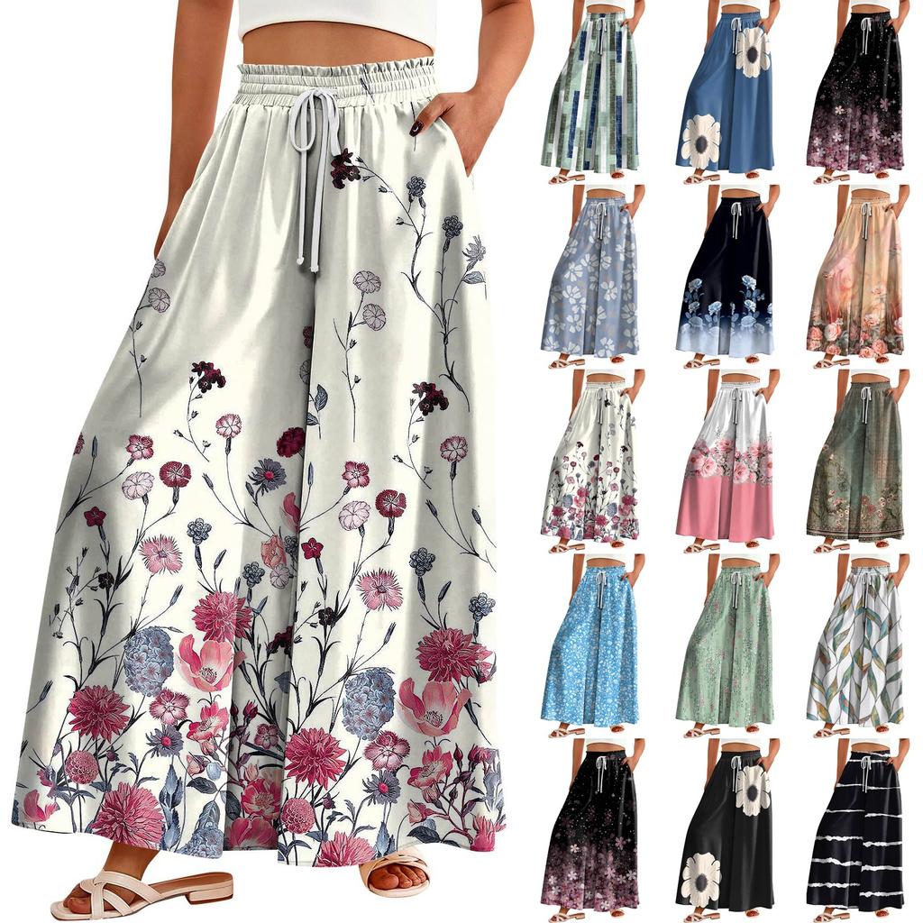 Women's Palazzo Pants Boho Floral Wide Leg Trousers Summer Beach High Waisted Flowy Pants With Pockets
