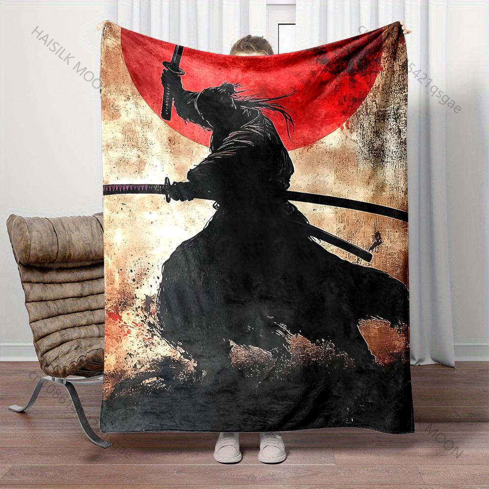Multiple sizes Samurai with sword and red sun print blanket adult children warm for home travel soft and comfortable blanket