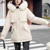 BITCED Women's Winter Mid-Length Cotton Coat with Fleece Lining, Large Fur Collar, Plus Size, Short Waist-Defining Jacket