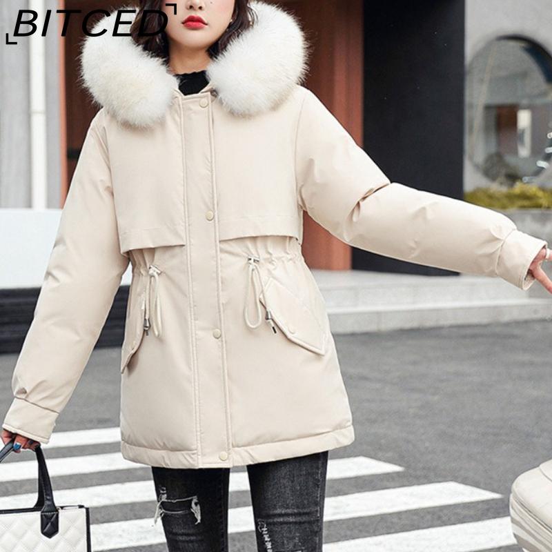 BITCED Women's Winter Mid-Length Cotton Coat with Fleece Lining, Large Fur Collar, Plus Size, Short Waist-Defining Jacket