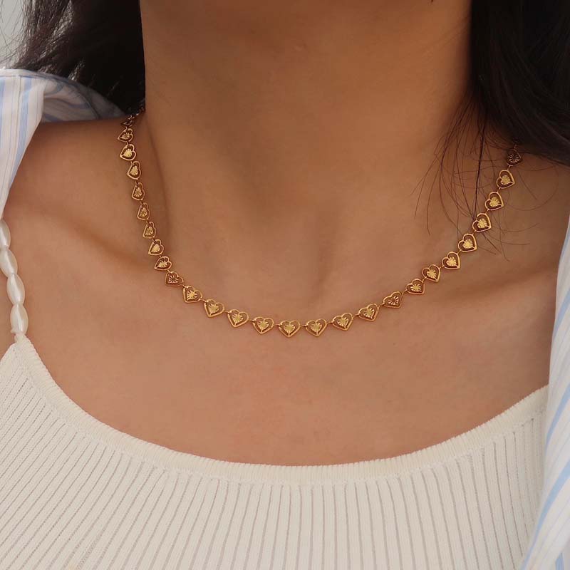 Stainless Steel Gold Color Hollow Heart Necklace Bracelet Set For Women Fashion Metal Double Layer Heart Couple Necklace Jewelry