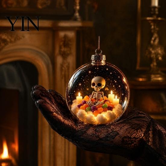 Festive Hanging Decoration Halloween Clear Ball Decoration, Glowing Sphere Ornament with Skeleton, Pendants Pumpkin, Spider Web, Black Cat Decor,