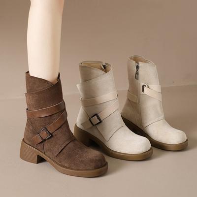 Модные Ретро Одиночные Ботильоны Осень Новые Круглый Носок Боковая Молния Металлическая Пряжка Замша Платформа Нескользящие Блочные Каблуки