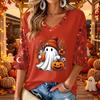 Women's V-Neck Casual Three-Quarter Sleeve Top with Halloween Print