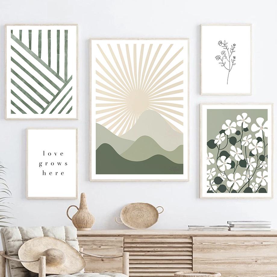 Sage Green Leaf Lotus Flower Sun Rainbow Posters Prints Canvas Painting Nordic Wall Art Pictures For Living Room Home Decor