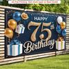 Элегантный фон для 75-летия, Изысканный дизайн в темно-синих и золотых тонах с шарами и подарками, Праздничный декор стены для юбилейной вечеринки