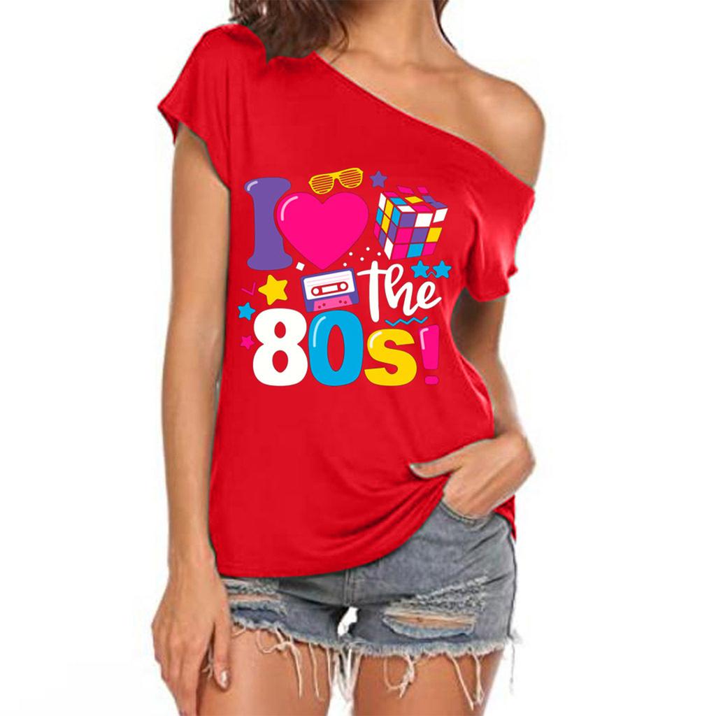 Женская летняя повседневная мода с принтом (Я люблю 80-е) Сексуальная свободная футболка с открытыми плечами и короткими рукавами с наклонным вырезом и топом