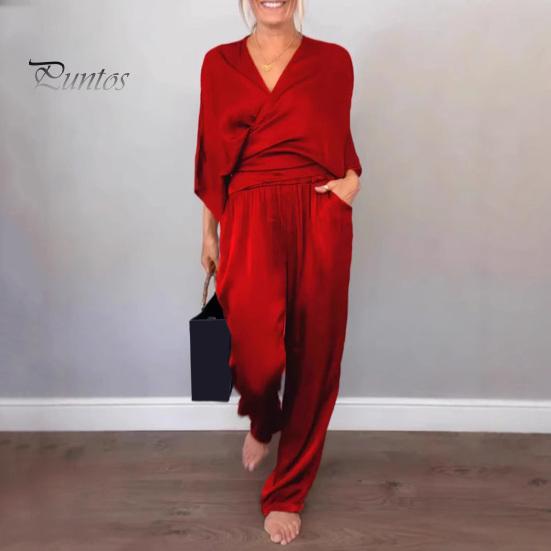 Женский комплект из 2 предметов: топ, брюки, V-образный вырез, длинные рукава, блузка с перекрещивающимися бретелями, высокая талия, плиссированные широкие брюки, формальный наряд для поездок на работу на весну и лето